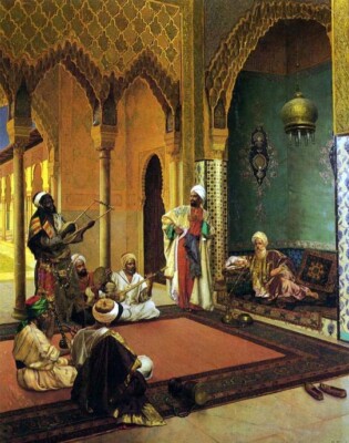 Oil painting Rudolph-Ernst-Traveling-Musicians-Playing-for-the-Sultan arab play