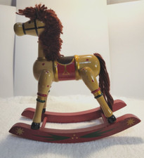 Wooden Rocking Horse Decoration. 11 inches tall with Leather Ears and Yarn Hair