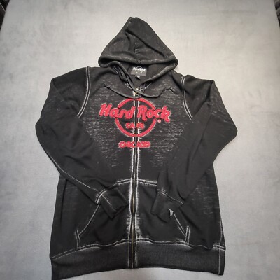 Hard Rock Cafe Hoodie Womens M Black Faded Distressed Full Zip