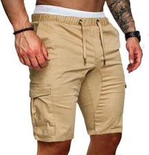 Mens Cargo Joggers Pants Sport Gym Sweatpants Tapered Shorts Trousers Khaki M