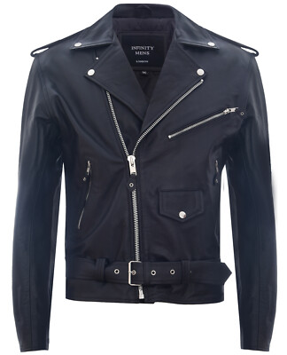 Herren Leder Schwarz Brando Bikerjacke Rock Motorrad Retro Hide Bikerjacke