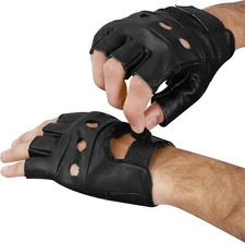 Men's Fingerless Leather Gloves w/Gel Padded Palms - Driving, Motorcycle Riding