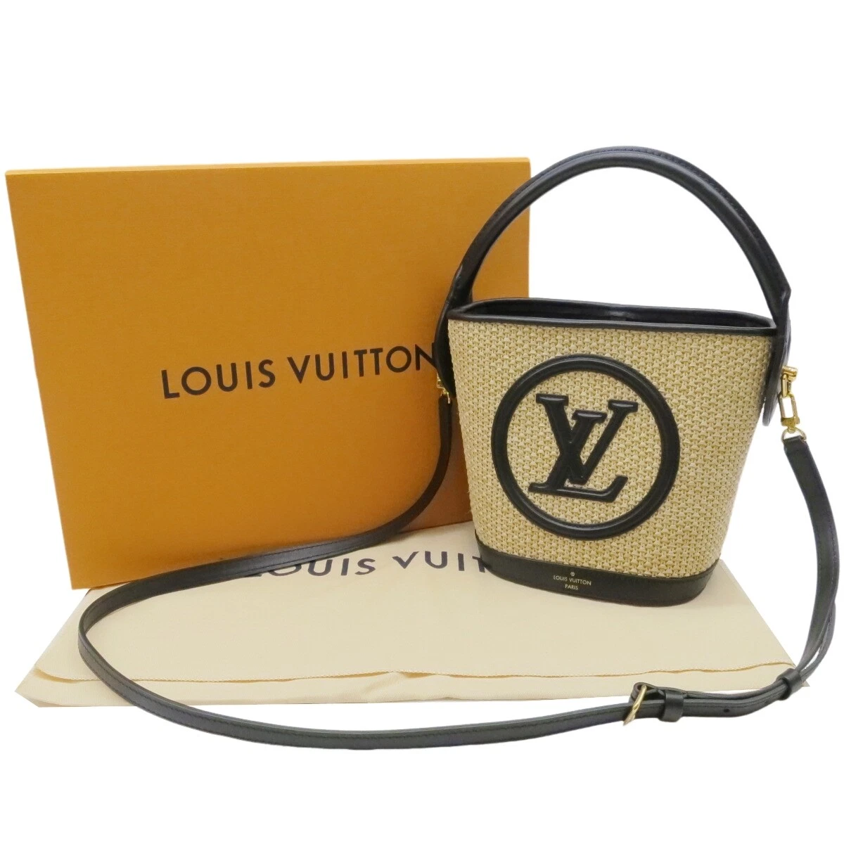Auth LOUIS VUITTON Petite Bucket 2WAY Knit Raffia Hand Bag M59961 