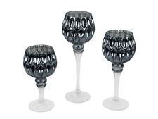 Formano 3er Set Glaskelch blaugrau-Silber 20-30cm Glaswindlicht Teelichthalter 