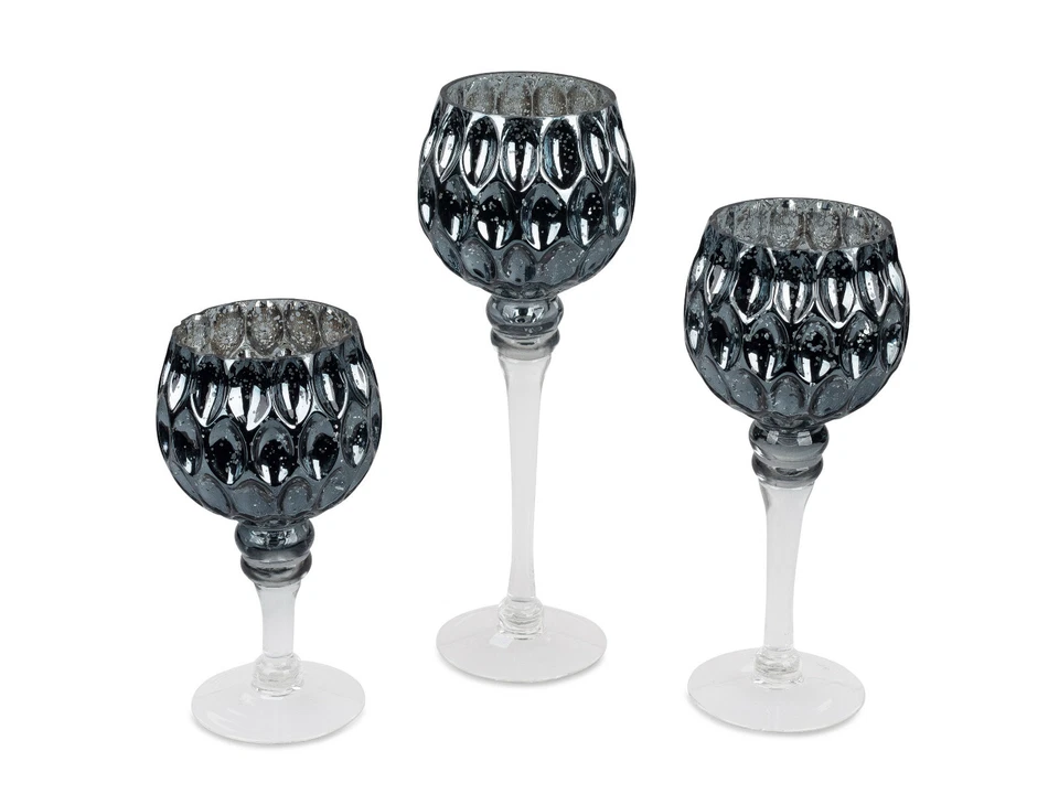 Formano 3er Set Glaskelch blaugrau-Silber 20-30cm Glaswindlicht Teelichthalter - Bild 1 von 1