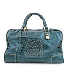 LOEWE Anagram Leather Amazona 35 Boston Bag Hand Bag Metallic Blue Auth Used F/S