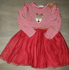 girls NEW CHRISTMAS FANCY GOLD SPARKLE RED DRESS REINDEER 3-4T STRIPES NICE 