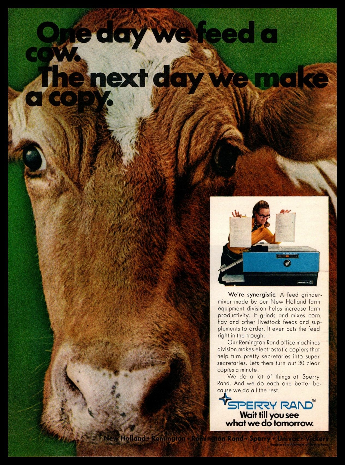 1970 Sperry Rand Copier Cow New Holland Farm Equipment Feed Grinder Print Ad