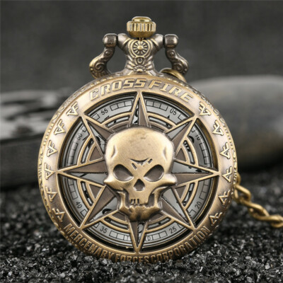 Retro Bronze Style Skull Analog Quartz Pocket Watch Necklace