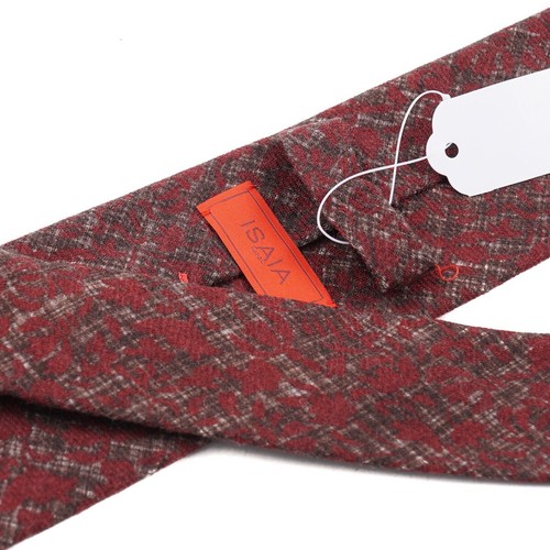 Isaia Napoli Brown Mélange Soft Woven Wool Tie with Burgundy Print NWT - Picture 3 of 4