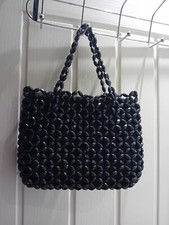 Quirky Small Black Beaed Handbag, Double Handles, Zip Fasten