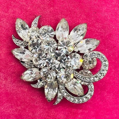 Vintage Signed Eisenberg Ice Crystal Clear Rhinestone Brooch Pin Statement 2.25''