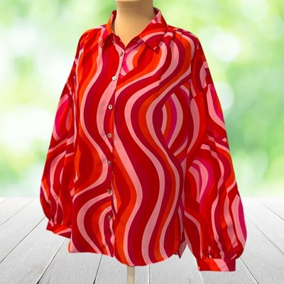 JODIFL Blouse Button Up Psychedelic Mod Stripe Balloon Sleeve Pink Orange Red M