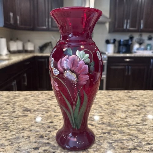 Vase Fenton Ruby Red Hand Painted-Signed  TG Mendenhall