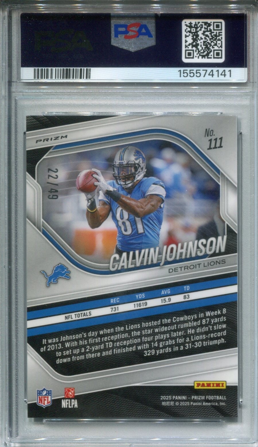 2025 Panini Prizm #111 Calvin Johnson Purple Power Prizm 22/49 PSA 10 view 2