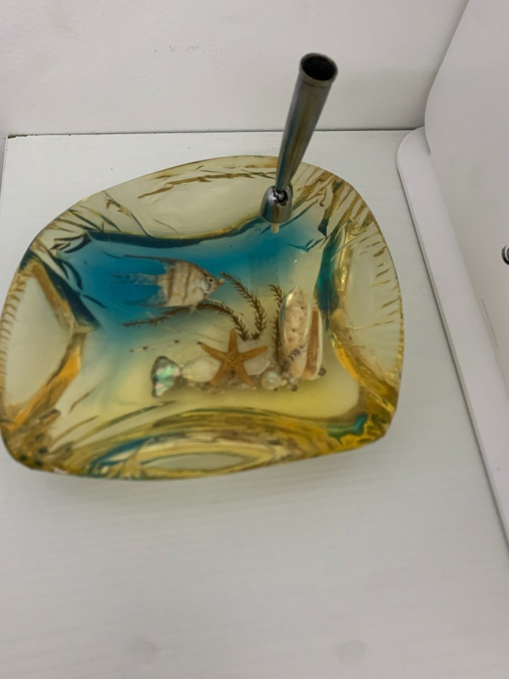 1960s resin desk set with real marine inclusions (shells, coral?) cast inside — MCM time-capsule art you can actually use.