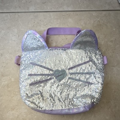 Silver Sequin Cat Backpack with Purple Ears, Adjustable Strap, Small, Girls