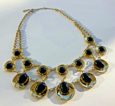 Gerard Yosca Vintage Egyptian Revival Onyx Cabochon Disc Gold Tone Necklace