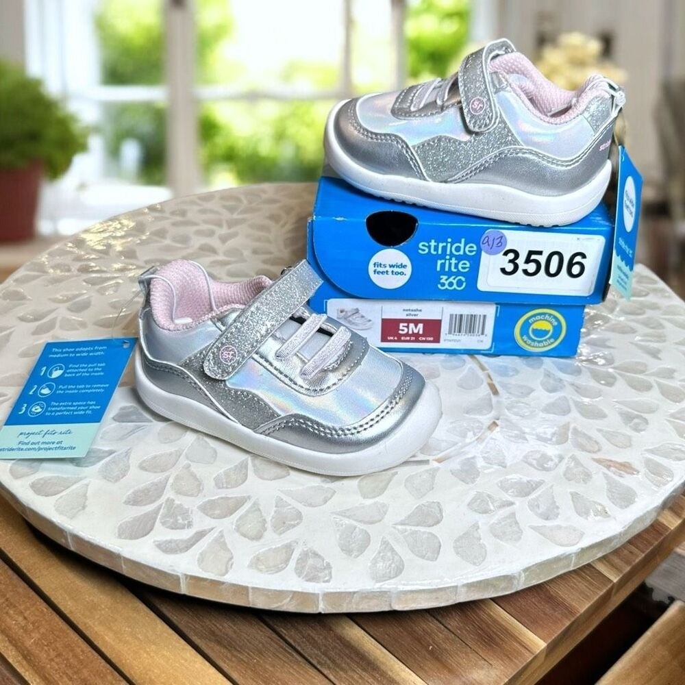 Stride Rite Natasha Silver Sneakers Toddler Girls Size 5M M - Wide Fit Friendly