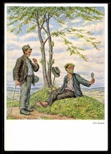 Künstler-AK sign.: Otto Quante: Landstreicher unter Frühlingsbäumen 