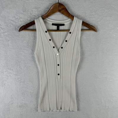 #ad #ad White House Black Market Tank Top Womens XS White Ribbed V Neck Snap Front $14.44