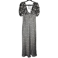 Emory Park Black White Satin Floral Daisy Midi Tea Dress Made USA MED/LARGE