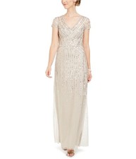 Adrianna Papell Womens Sequin Gown Dress, Beige, 10