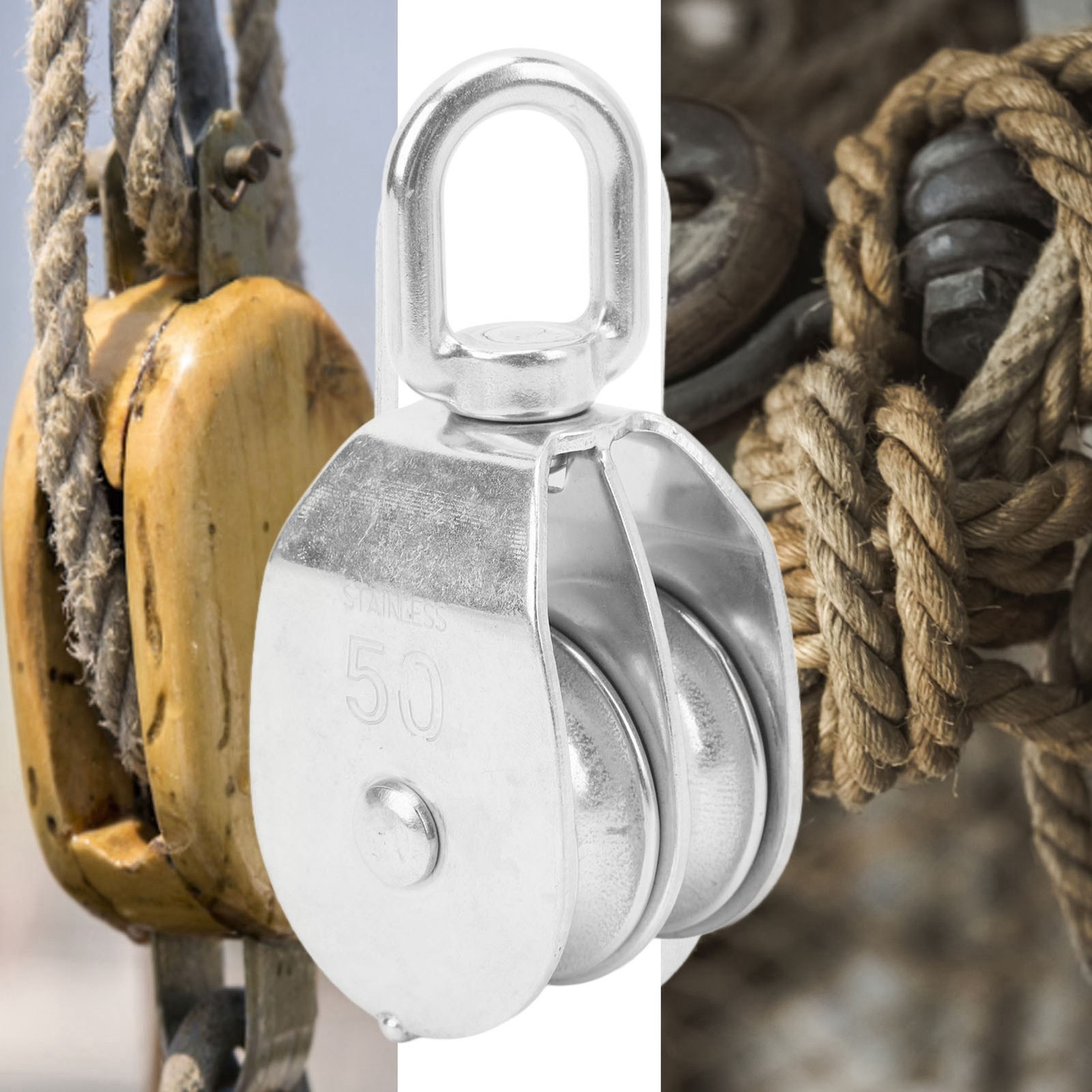 2Pcs Lifting Double Pulley Block Stainless Steel Roller M50 Wire Rope Crane Hang