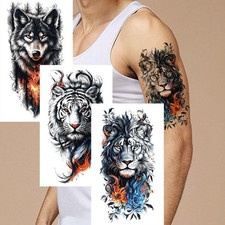 White Tiger Red Eyes Temporary Tattoo Lion Flame Forest Wolf Blue Flower 6080