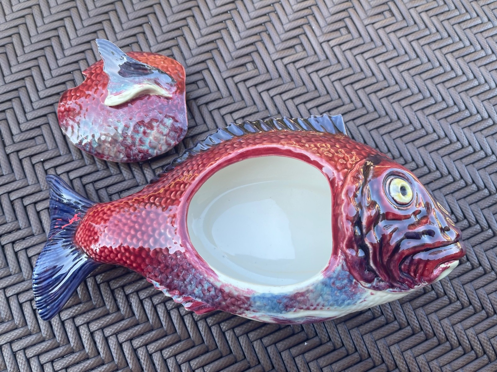 Vintage Bordallo Pinheiro Majolica Ceramic Red Fish Tureen Portugal