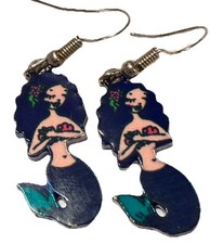 MERMAID Figure 3d Silver Tone Enamel Nautical Fun Beach Pierced Earrings