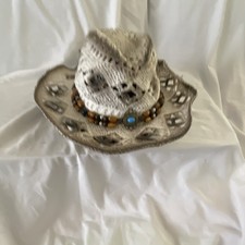 White Crochet Western Hat Beaded Band Brown Tie Accent