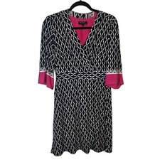 Signature by Robbie Bee Navy Blue Hot Pink White Patterned Work Dress Medium