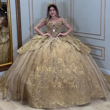 Luxurious Quinceanera Dresses in Gold for Kids Sequin Ruffles Bow Occasion Dress