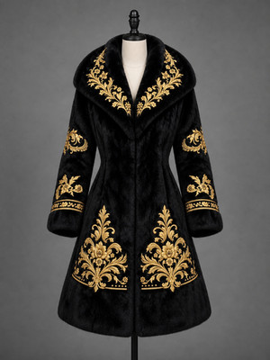 Women Black Velvet Coat Fur Collar Long Jacket Gold Embroidered Elegant Winter