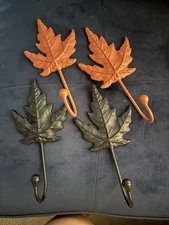 (4) Decorative Fall Autumn Leaves Metal Wall Hooks Sturdy Code Orange & Black