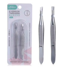 2Pcs Professional Stainless Steel Eyebrow Tweezers Slanted Flat Tip Hair Remov