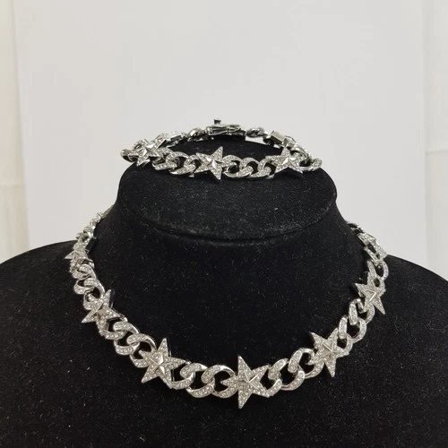 Silver Toned Chunky Sparkly Star Design Statement Necklace & Bracelet Unboxed