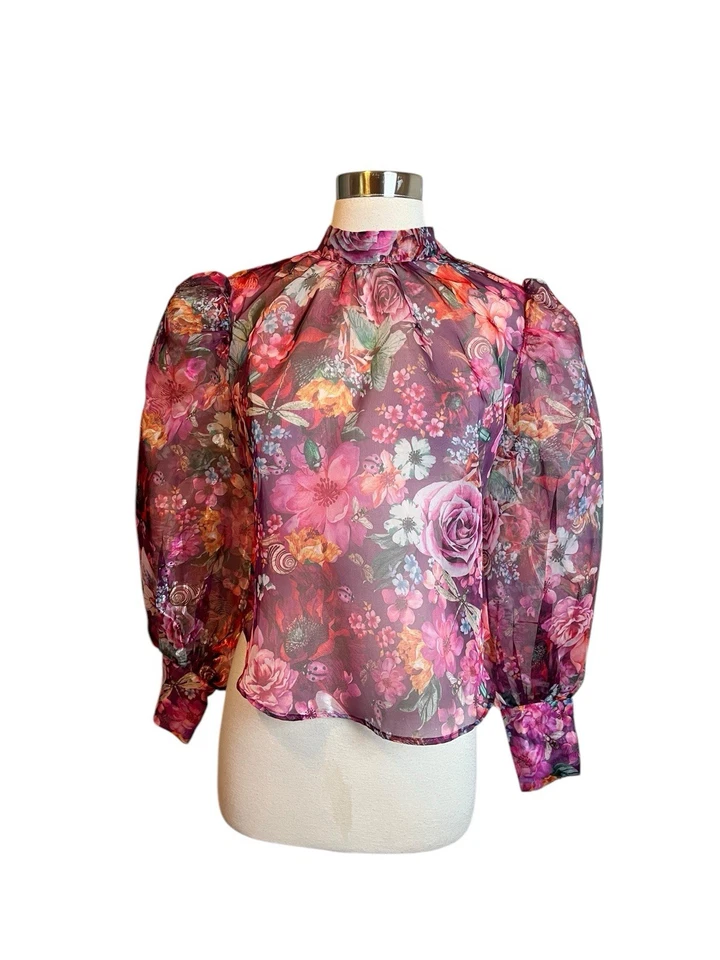 Anthropologie Organza Top Size S Pink Balloon Sleeve Bow Back Sheer Blouse