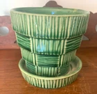 McCoy  Planter Green Basket Weave Pattern w/ Attached Saucer 3.25" Vintage