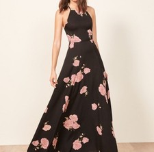 Reformation Black Pink Floral Sleeveless Criss Cross Open Back Slit Myrtle Dress