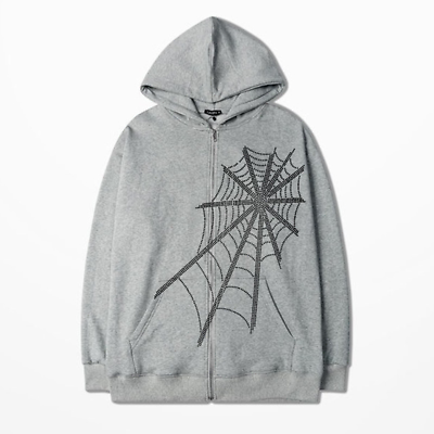 Lady Hooded Sweatshirt Coat Jacket Spider Web Diamond Gothic Lady Hooded Sweatshirt Coat Jacket Spider Web Diamond Gothic