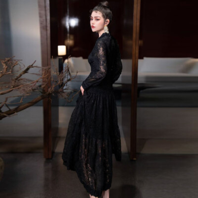 navy blue dress for baby girl Romantic Vintage Sheer Lace Robe French Style Fall Winter Casual Dress