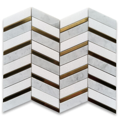 T7J8XP Thassos White Carrara White Marble?Artistic Chevron?Mosaic Tile Brass