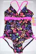 Girls St Tropez Black Pink Purple Floral Heart Peace Lined 1 Pc Swimsuit Sz 5