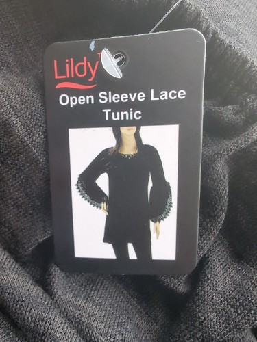 Lildy Women's Black Open Sleeve Lace Tunic Size L-XL NWT Stretchy, Flare Sleeve - Picture 3 of 20