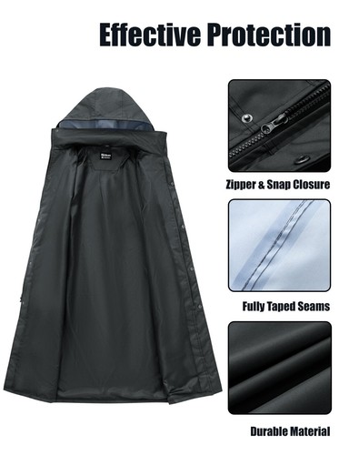 Men Black Waterproof Raincoat Long Rain Jacket Outdoor Trench Jacket Hooded - Picture 12 of 37