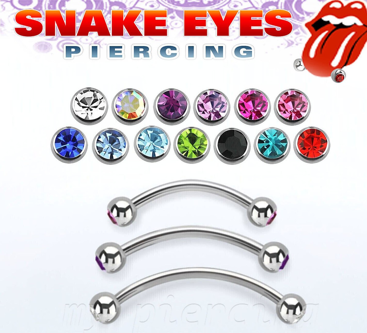 14g Double Gem Surgical Steel Curved Barbell Tongue Snake