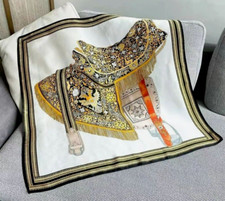 35"x35"Golden Saddle Print Pure Mulberry Satin Silk 14momme Scarf 88x88cm 4-35