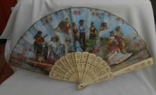 ANTIQUE SPANISH SCENE HAND FOLDING FAN WEDDING MORAN 13" RARE